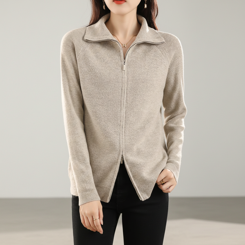 Annette brand women's elegant knitwear vest, wool blend fabric with practical double zipper detail.