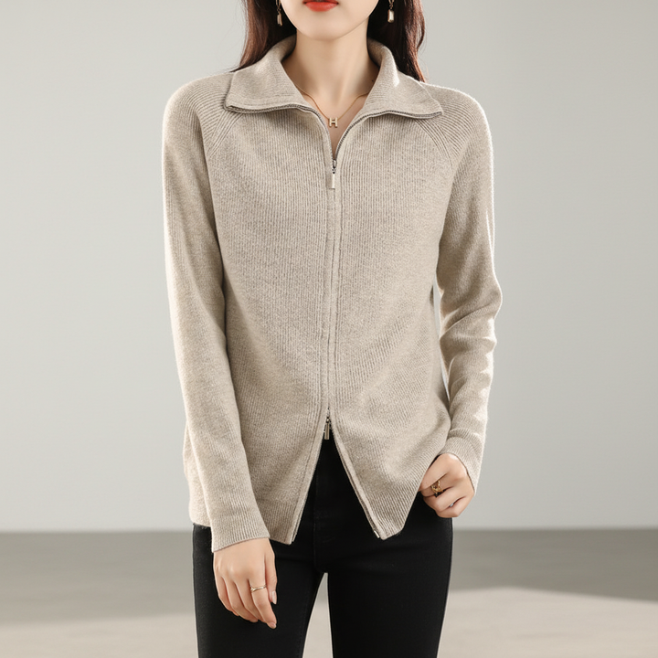 Annette brand women's elegant knitwear vest, wool blend fabric with practical double zipper detail.