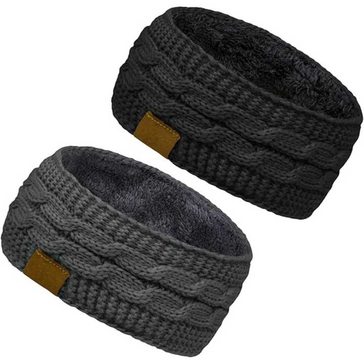 Folded knitted ear warmer headband, showcasing plush fleece lining and stretch fabric for women.