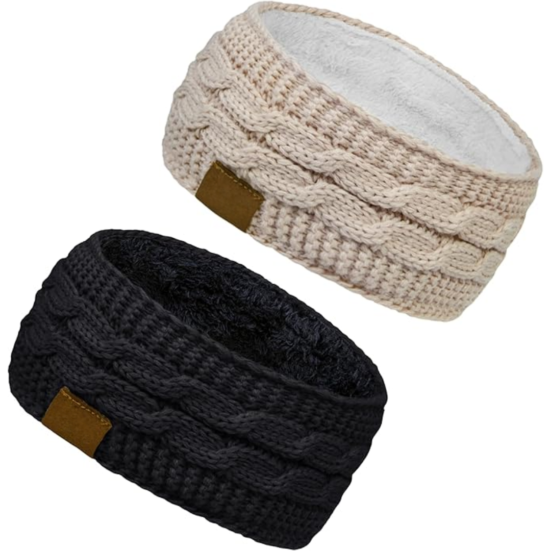 Group of women's knitted fleece-lined ear warmer headbands in assorted colors, winter fashion.