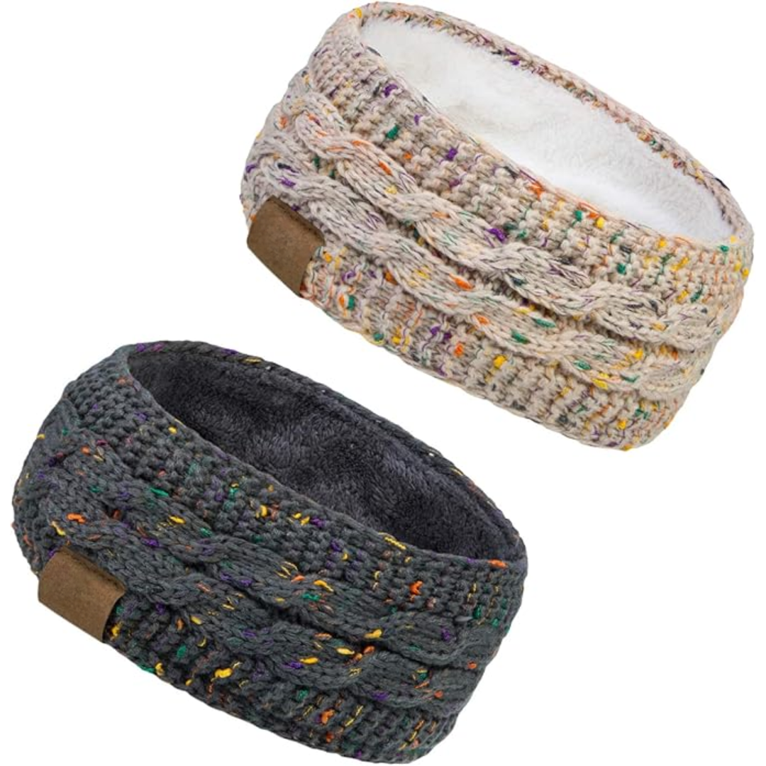 Beige knitted ear warmer headband, fleece-lined, a stylish and warm women's winter accessory.