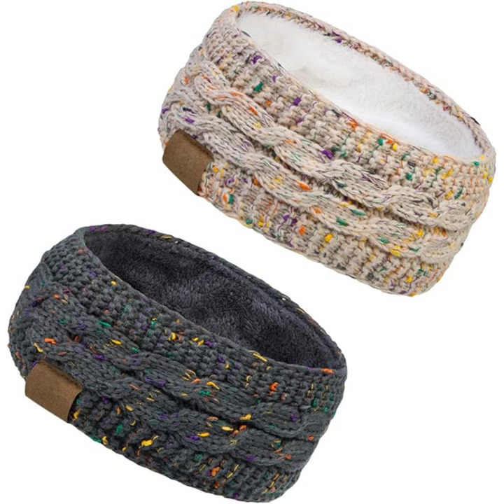 Beige knitted ear warmer headband, fleece-lined, a stylish and warm women's winter accessory.