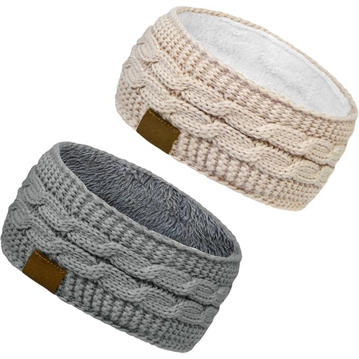 Detail shot of the knitted texture and soft fleece lining of a women's ear warmer headband.