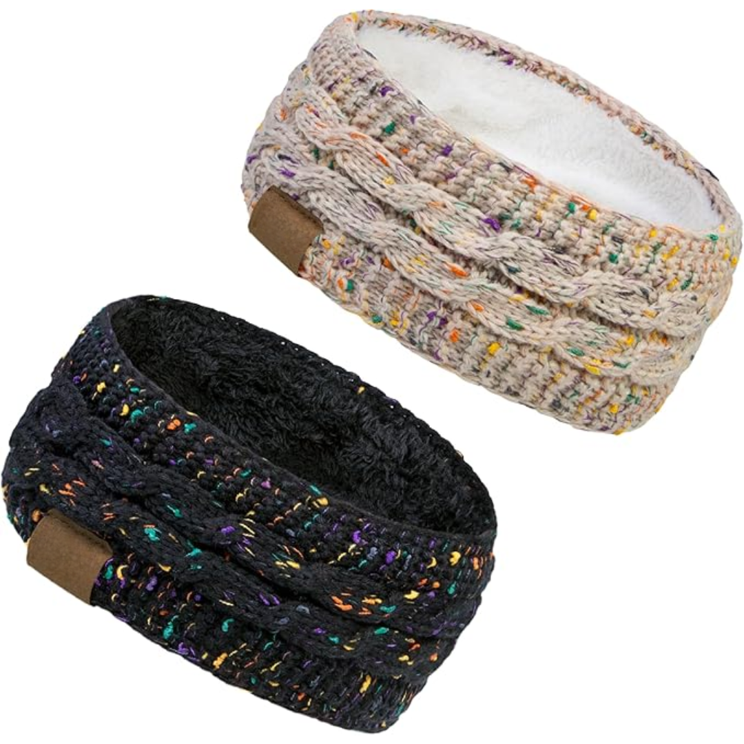 Purple knitted fleece-lined ear warmer headband, a fashionable and warm outdoor accessory for women.