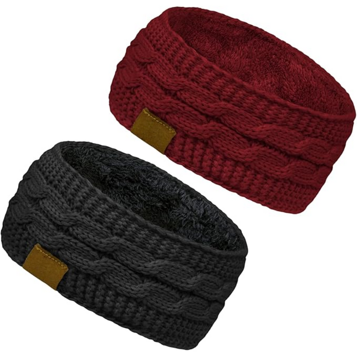Black knitted ear warmer headband with fleece lining, perfect for women's winter activities.