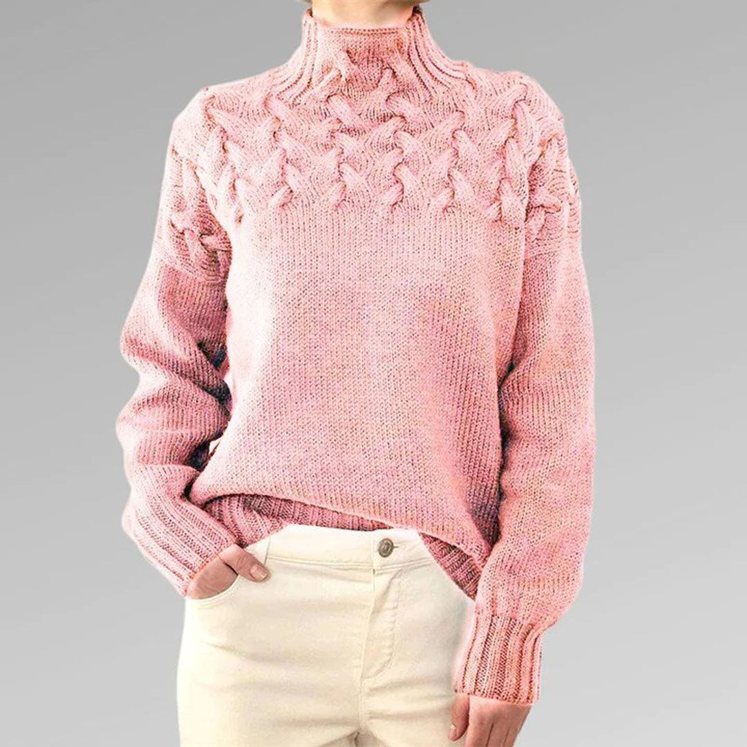 Cozy women's knitted turtleneck sweater, ideal comfort wear for fall & winter; elegant ladies' top.