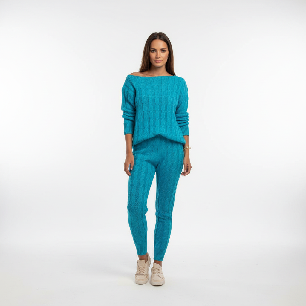 Stylish women's two-piece knitted tracksuit, perfect for casual autumn fashion and lounging
