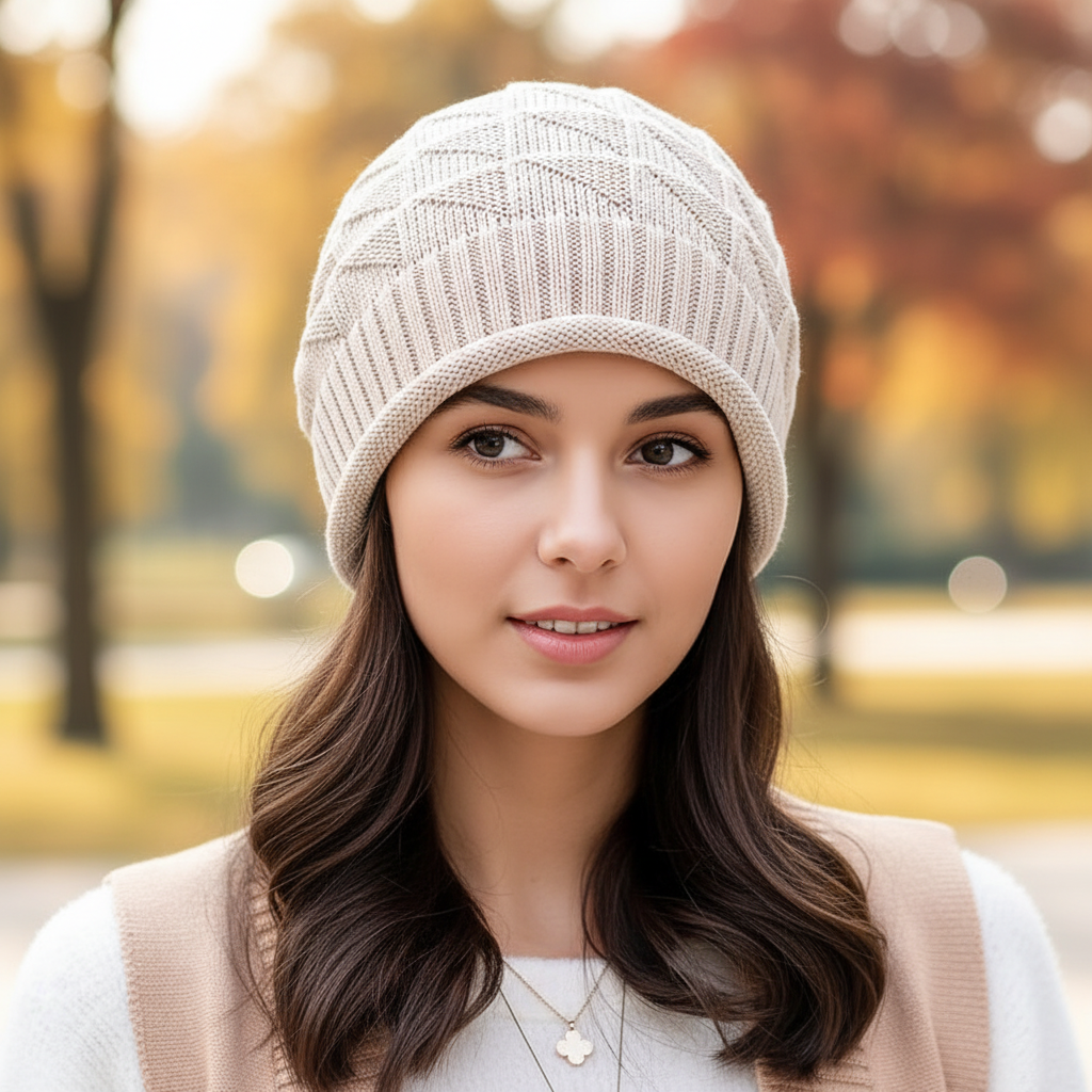 Women's Knitted Warm Beanie Hat in a casual fall setting, perfect for winter accessory.