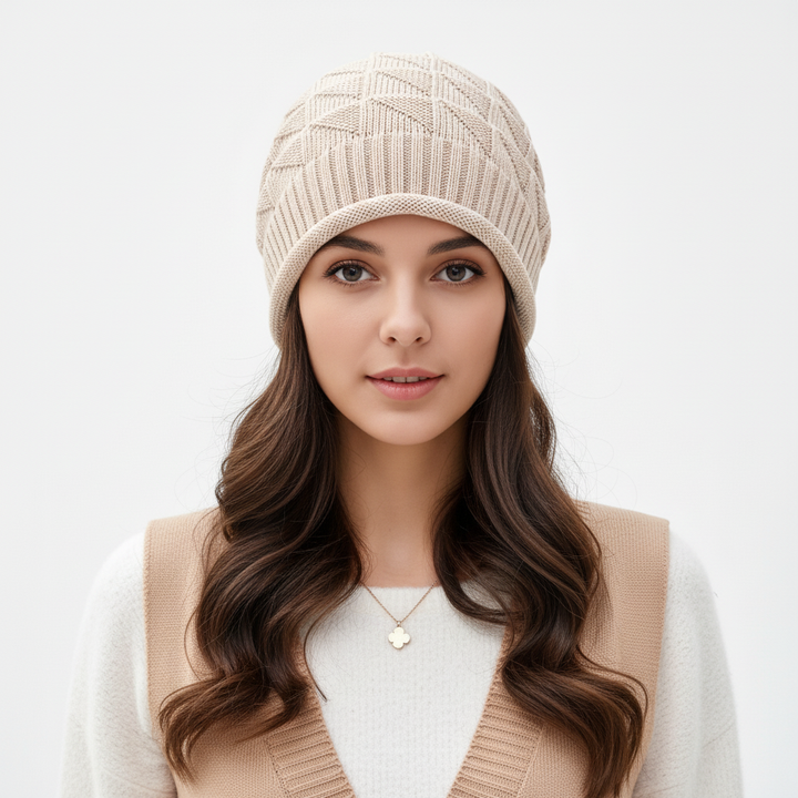 Acrylic knitted beanie hat for women, featuring a stretch fit and autumn style.