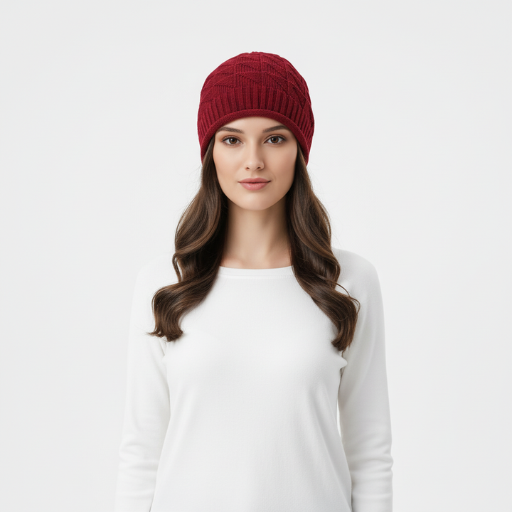 Close-up of a Women's Knitted Beanie Hat showing its texture, great for winter accessory.