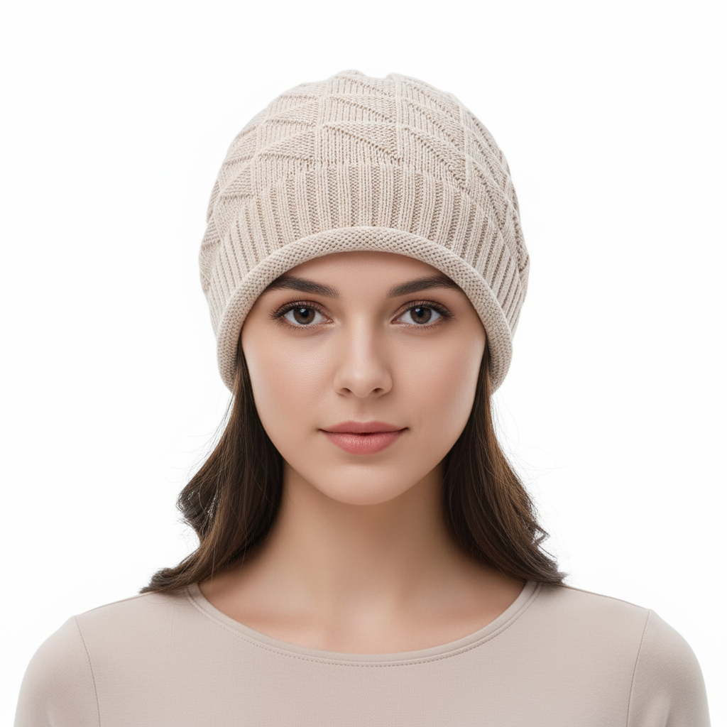 Stylish women's warm hat, a knitted beanie perfect for autumn style and outdoor hat needs.