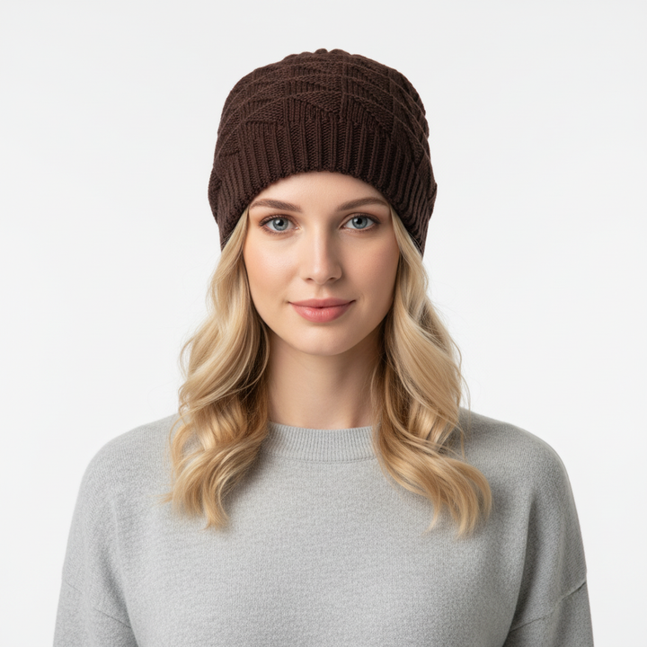 Knitted acrylic beanie for women, offering a comfortable stretch fit for cold weather.