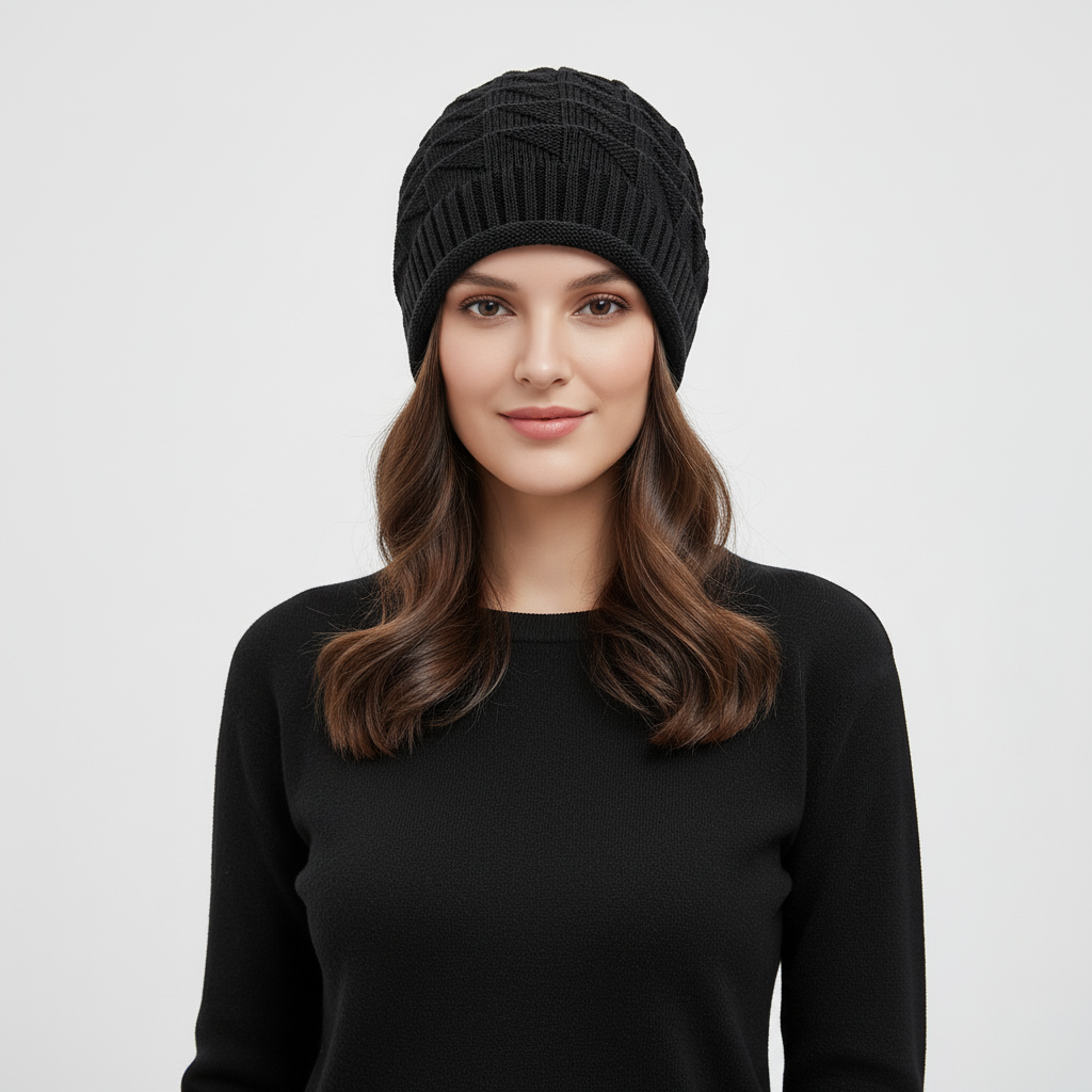 Casual women's accessory: a warm knitted beanie hat, essential for fall and winter fashion.