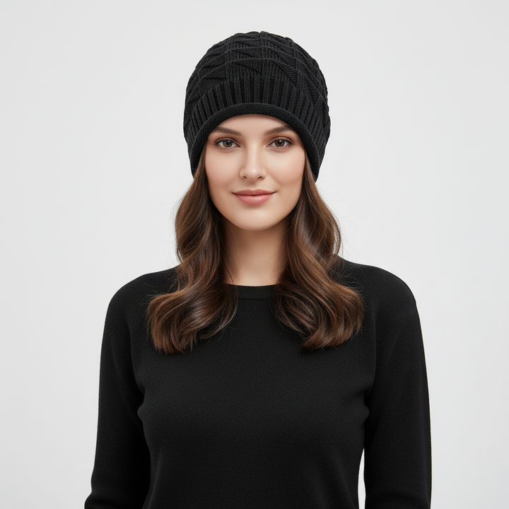 Casual women's accessory: a warm knitted beanie hat, essential for fall and winter fashion.