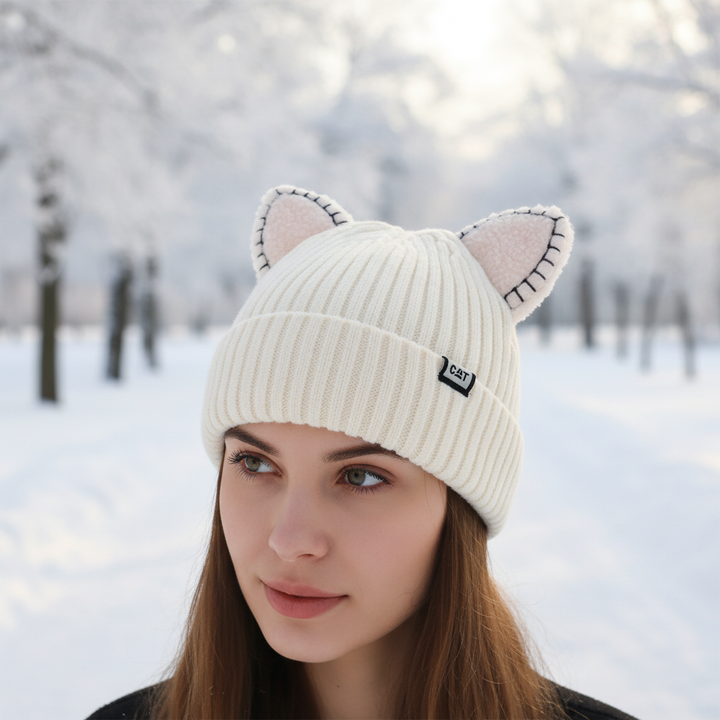 Women's knitted winter hat with playful cat ears, soft black yarn