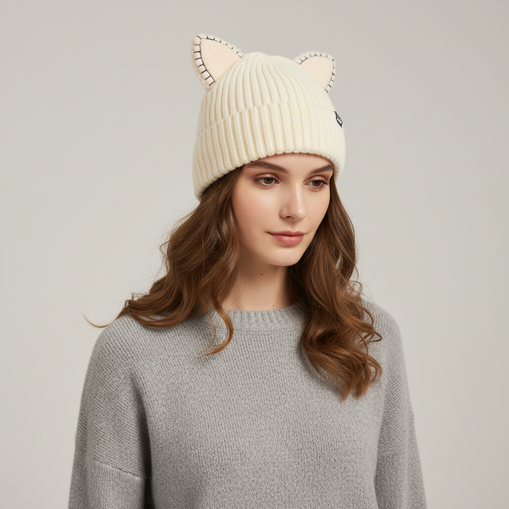 Close-up of a warm knitted cat ear beanie for women, perfect winter fashion