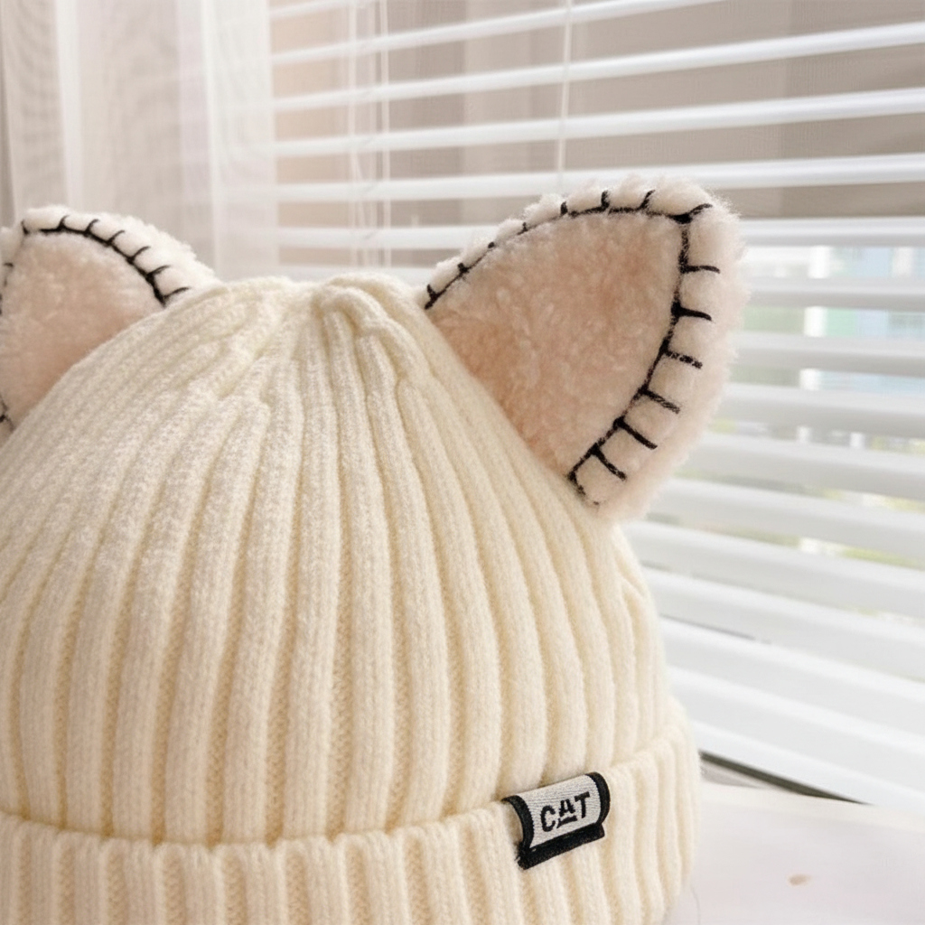 Stylish women's black knitted winter hat with cute cat ears design