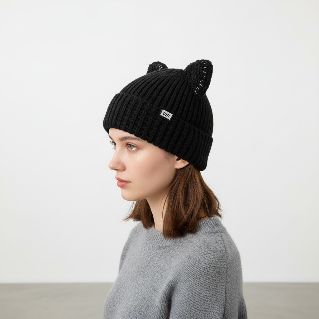 Playful women's knitted beanie with cat ears in a cozy winter setting