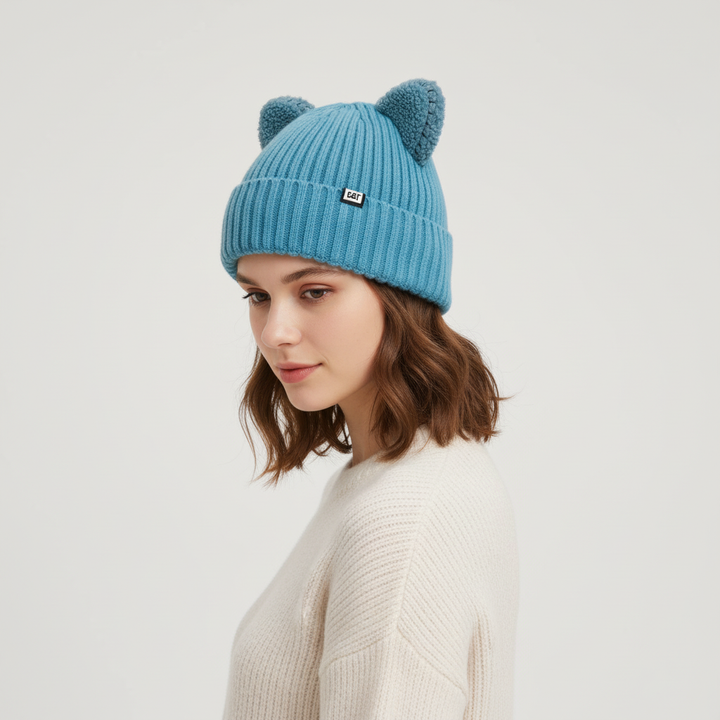 Fashionable women's winter hat, black knitted with adorable cat ear detail