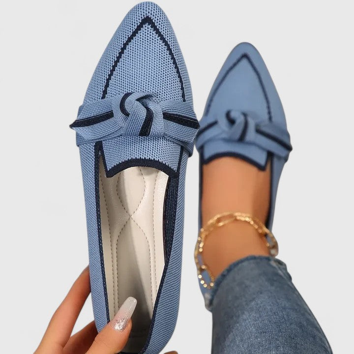 Elegant women's slip-on flat loafers with knot detail & pointed toe, comfortable for office or casual.