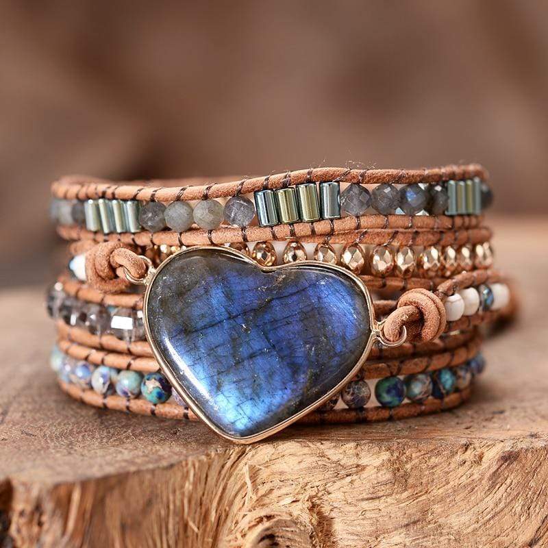 Women's Labradorite Heart Healing Wrap Bracelet with natural stones, boho jewelry style on a wrist