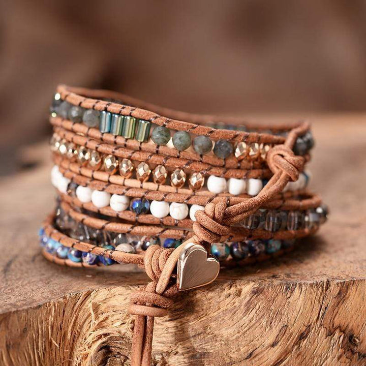 Close-up of a Women's Labradorite Heart Healing Wrap Bracelet, spiritual fashion accessory