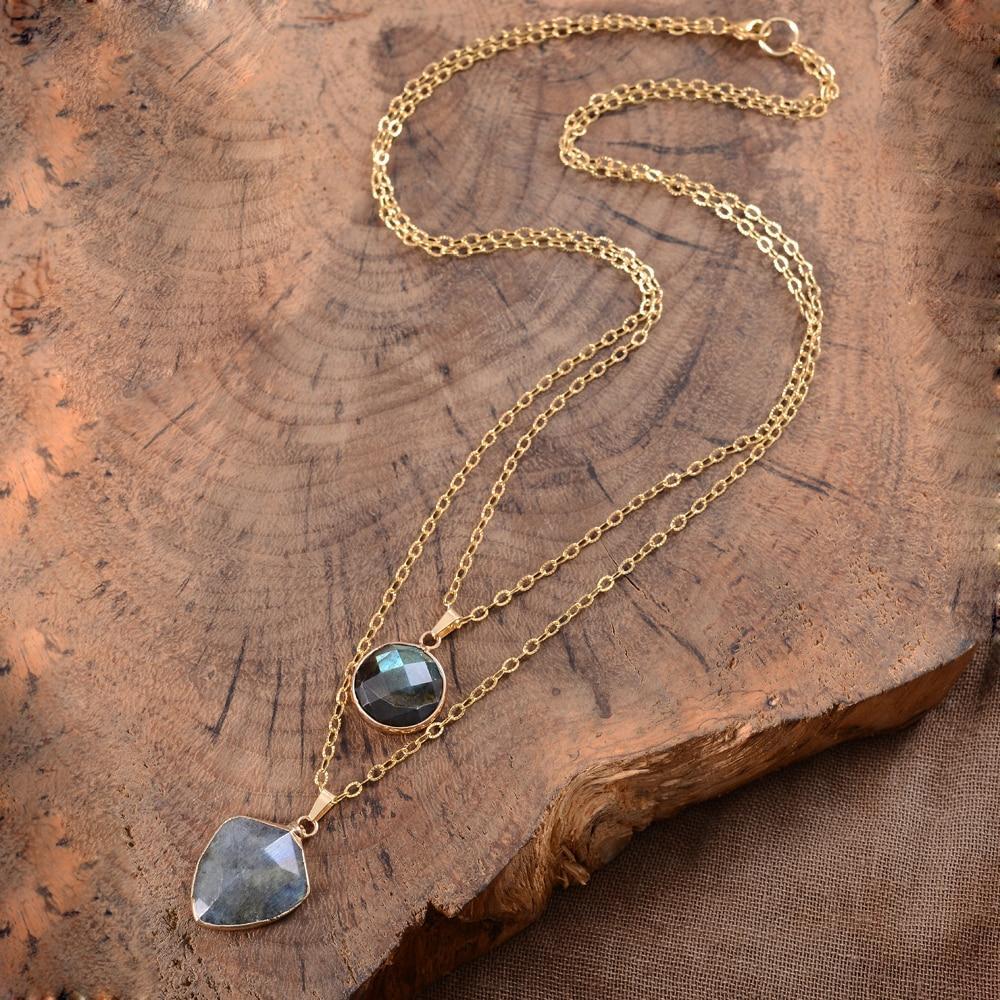 Close-up of a shimmering labradorite protection pendant on a delicate chain, a spiritual energy necklace for women.