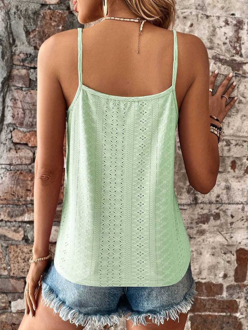 Sleeveless lace trim V-neck tank top, a flattering feminine top for women's fashion.