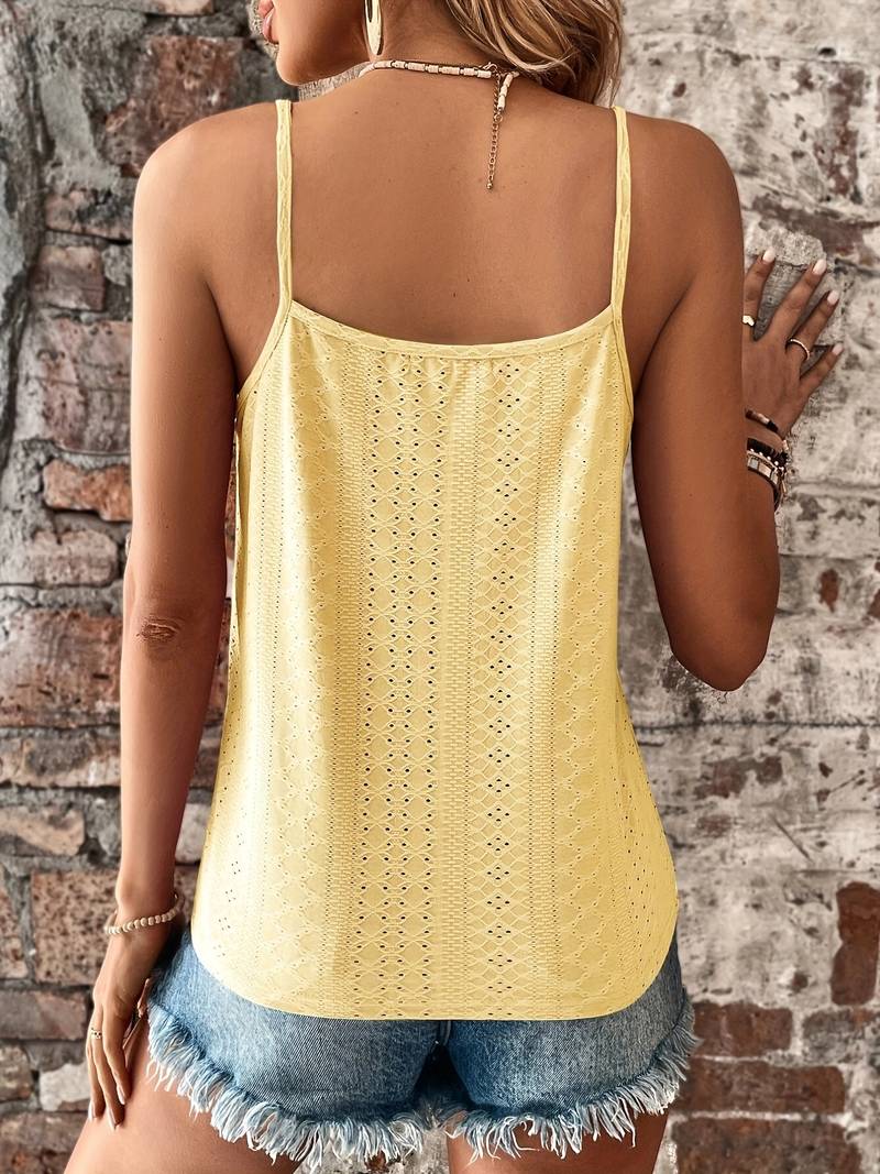 Relaxed fit V-neck cami tank top with delicate lace trim, great for warm weather.