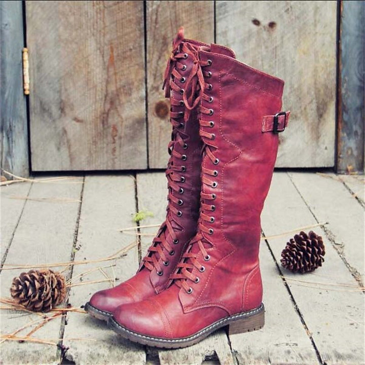 Stylish women's tall lace-up riding boots, knee-high design perfect for casual everyday fashion and comfort.