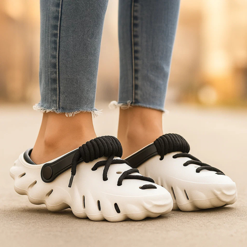 Feminine laced clogs for women. Comfortable, water-friendly, & lightweight. Perfect slip-on shoes for summer.