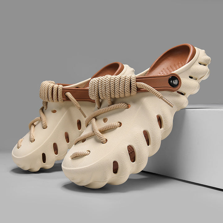 Stylish women's laced clogs. Comfortable, adjustable slip-on footwear perfect for casual summer style.