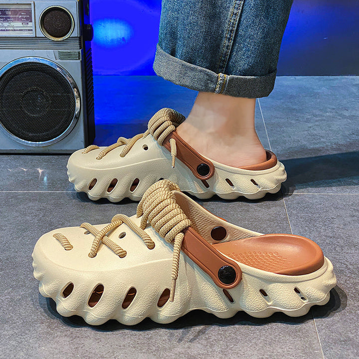 Adjustable fit women's laced clogs. Stylish, comfortable, and lightweight footwear for casual summer days.