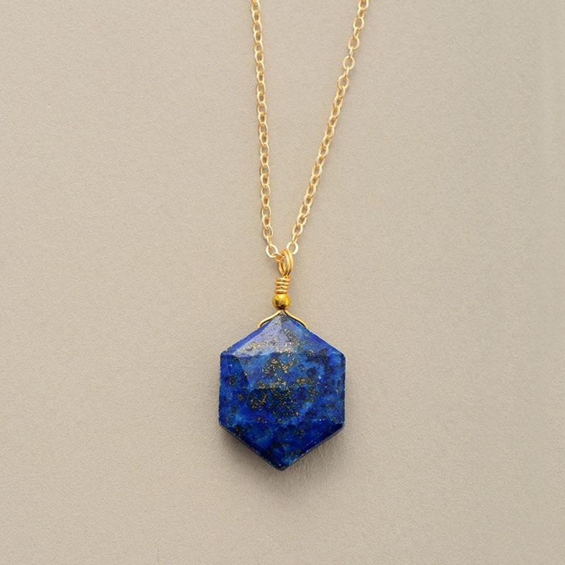 Spiritual Lapis Lazuli hexagon necklace for women. Healing crystal gemstone jewelry promoting intuition.