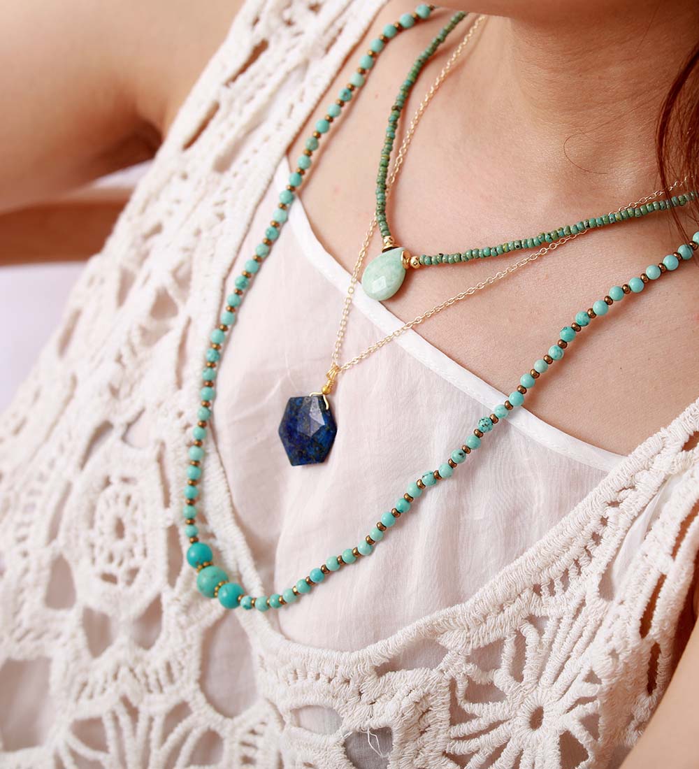 Chic women's Lapis Lazuli hexagon pendant. A statement gemstone necklace, perfect for self-confidence.