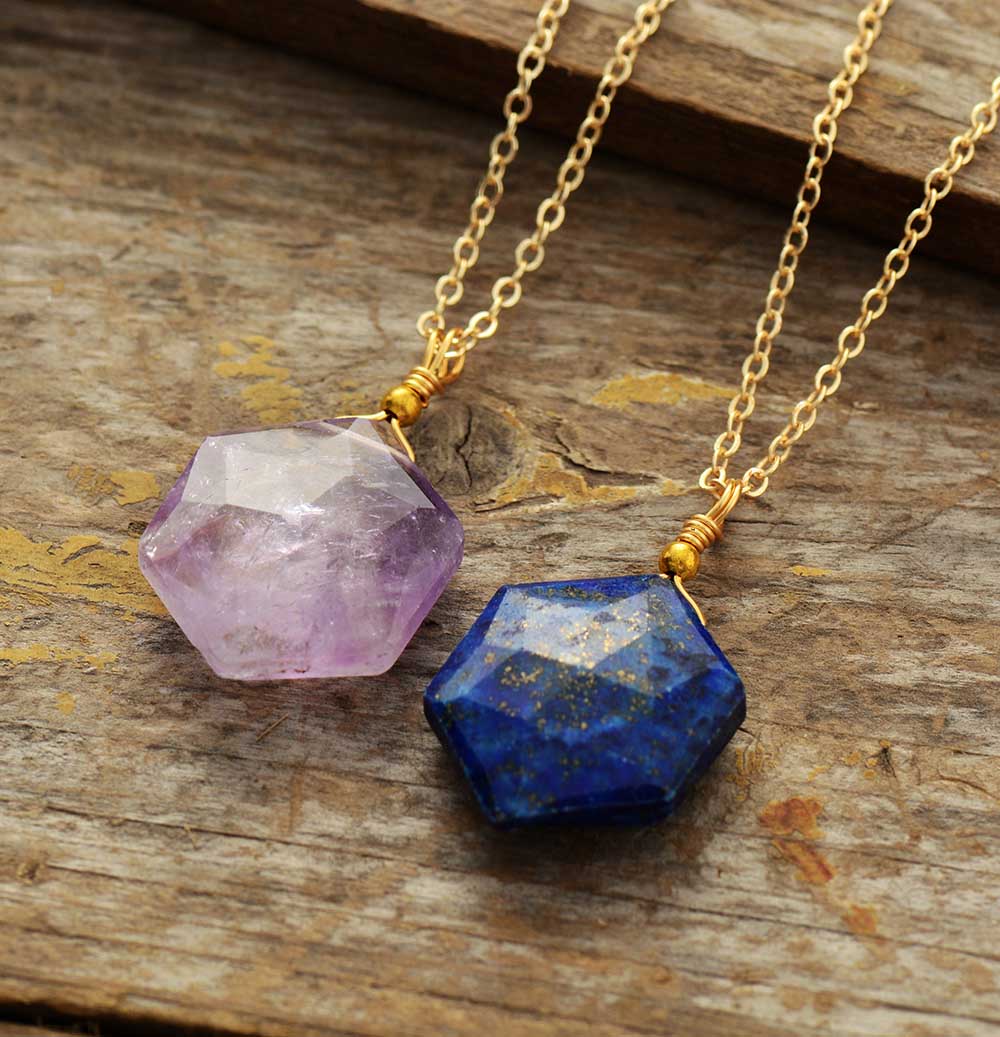 Boho Lapis Lazuli hexagon necklace. Polished blue crystal gemstone jewelry, women's spiritual accessory.