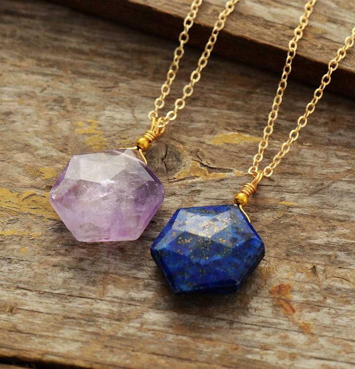 Boho Lapis Lazuli hexagon necklace. Polished blue crystal gemstone jewelry, women's spiritual accessory.