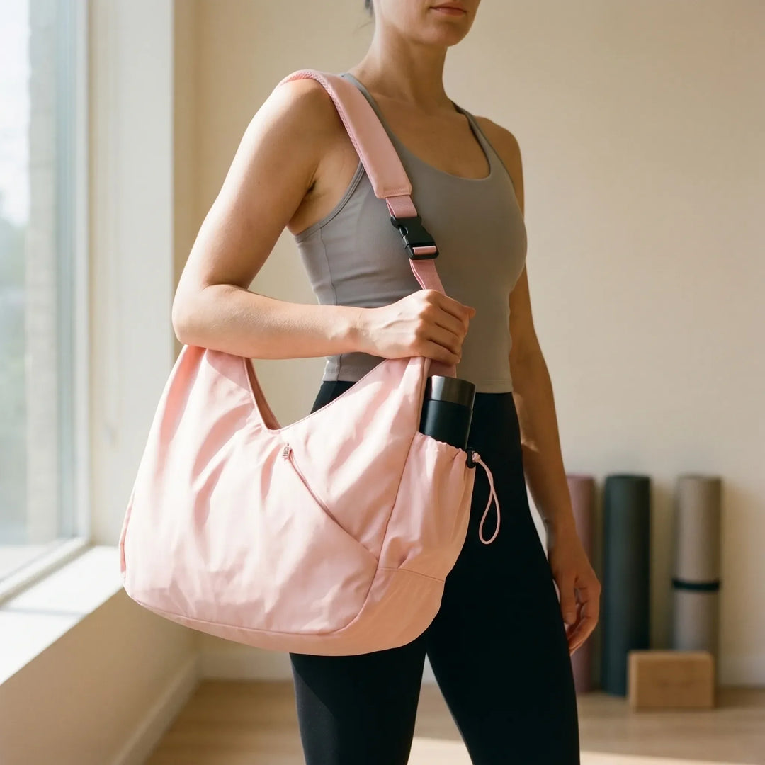 Women's large fitness tote bag with yoga mat straps, perfect for gym, workout & travel essentials.