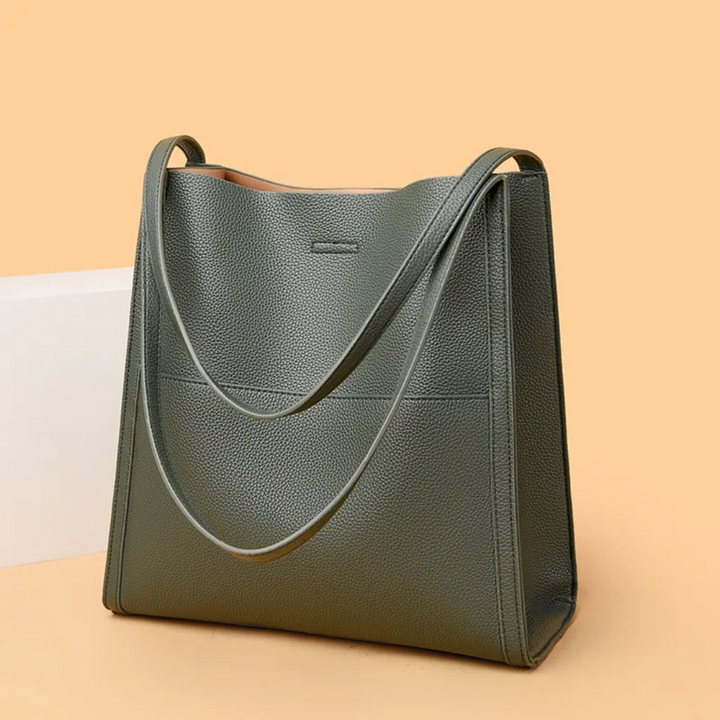 Fashionable green large leather tote bag, a spacious women's shoulder bag, perfect for daily style.