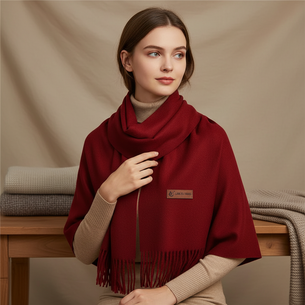 Women's large soft cashmere feel scarf in vibrant fuchsia, ideal winter accessory.