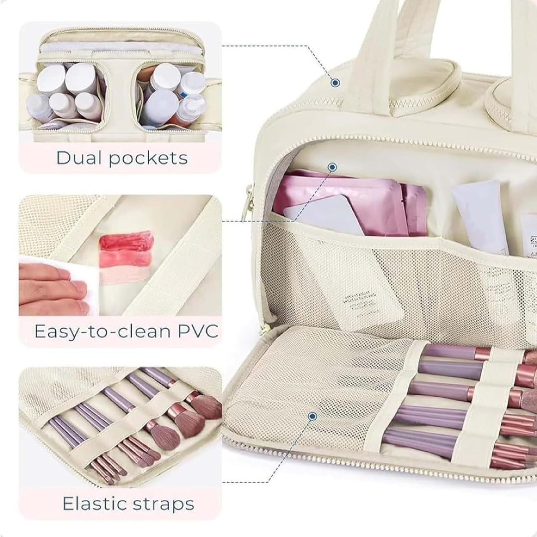 Travel organizer for women, large waterproof cosmetic bag with four compartments for toiletries