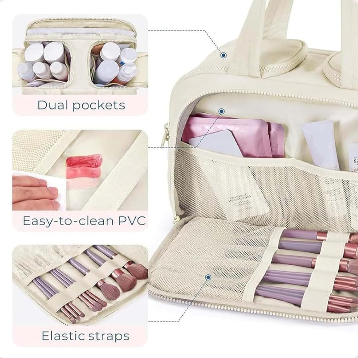 Travel organizer for women, large waterproof cosmetic bag with four compartments for toiletries