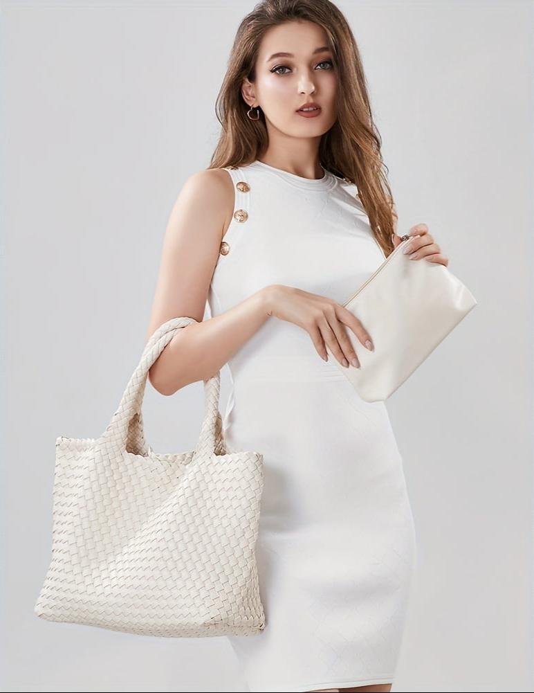Sophisticated women's large woven tote bag, a spacious and elegant shoulder carryall.