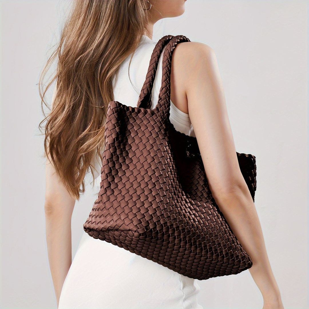 Practical large woven tote for women, a stylish shoulder bag and daily carryall.