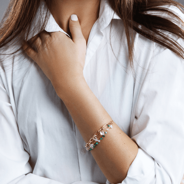 Elegant women's fashion accessory: Isabelle layered bracelet with turquoise and opal gems.