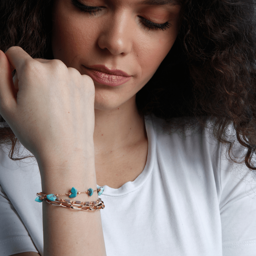 Detailed view of the intricate design of the Isabelle layered turquoise and opal bracelet.
