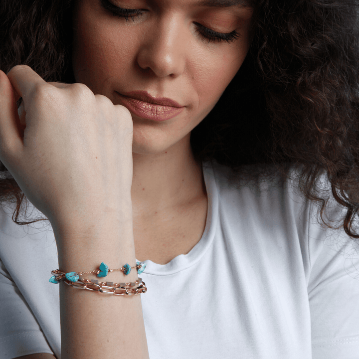 Detailed view of the intricate design of the Isabelle layered turquoise and opal bracelet.