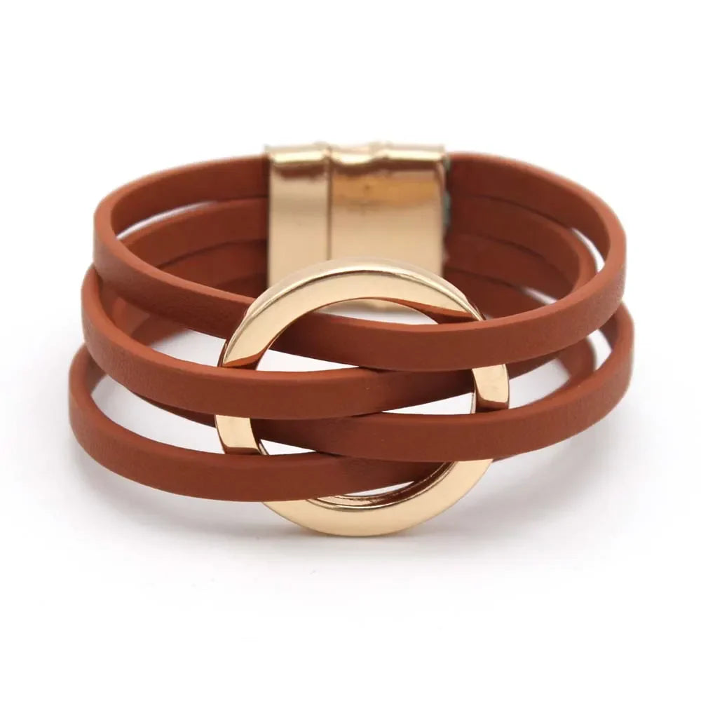 Women's layered leather wrap bracelet, boho multi-strand design. Trendy fashion accessory for her.