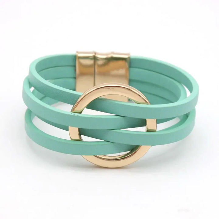 Boho chic multi-strand leather wrap bracelet for women with silver accents. Adjustable everyday wear.