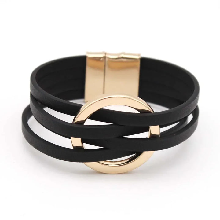 Stylish layered leather bracelet for women, multi-strand boho accessory with silver details.